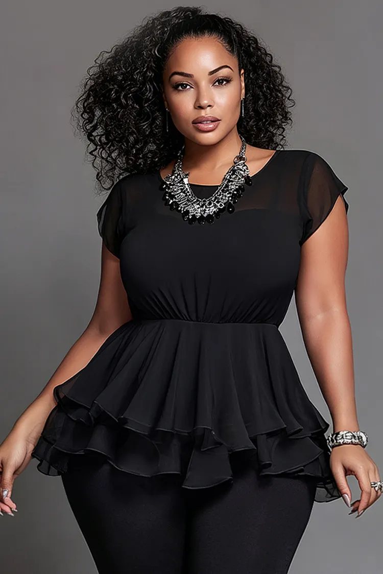 Xpluswear Design Plus Size Vacation Black Round Neck Cap Sleeve Ruffle Chiffon Blouses [Pre-Order] 2024 - Xpluswear