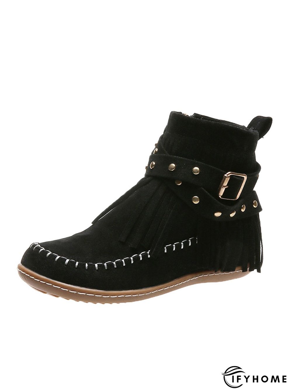Vintage Fringe Studded Flat Round Toe Buckle Booties | IFYHOME