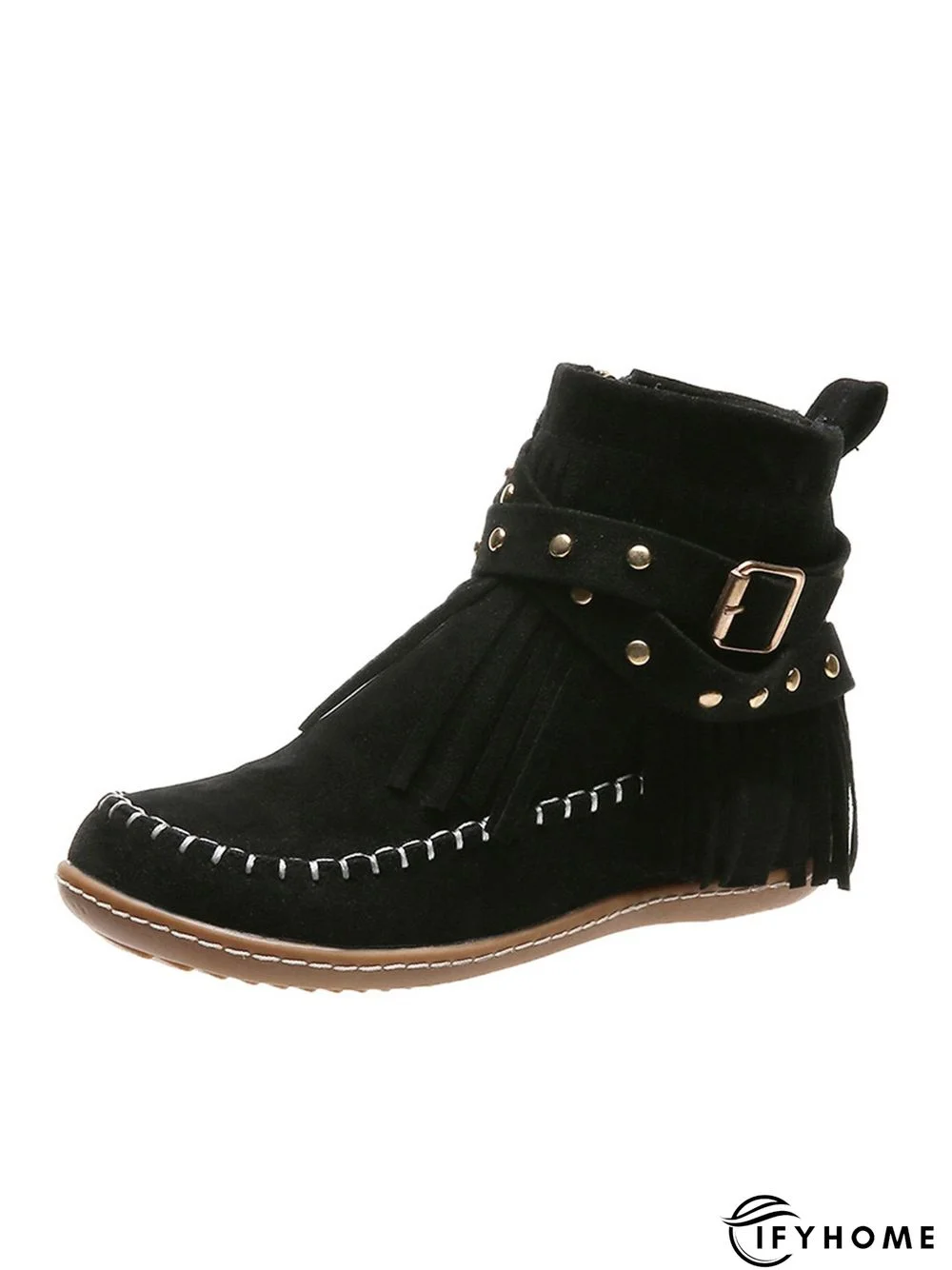 Vintage Fringe Studded Flat Round Toe Buckle Booties | IFYHOME
