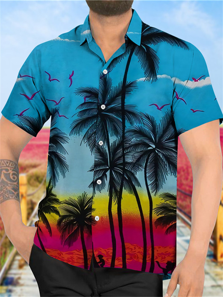 New Beach Shirt 3D Digital Short-sleeved Shirt Coconut Tree Pattern Seaside Hawaiian Loose Men's Shirt S,M,L,XL,XXL,XXXL,XXXXL