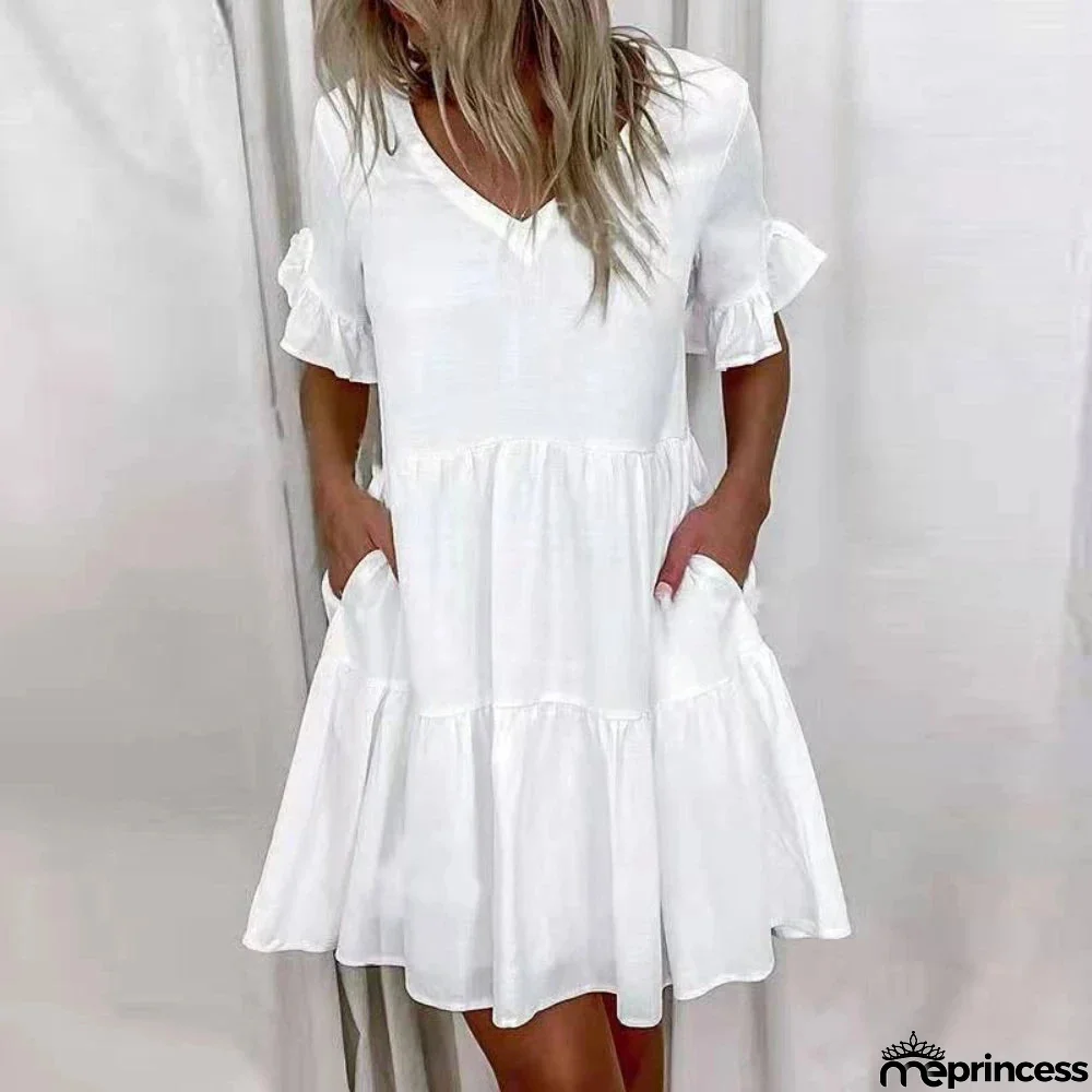 Women's Polyester V-Neck Short Sleeves Solid Pattern Mini Dress