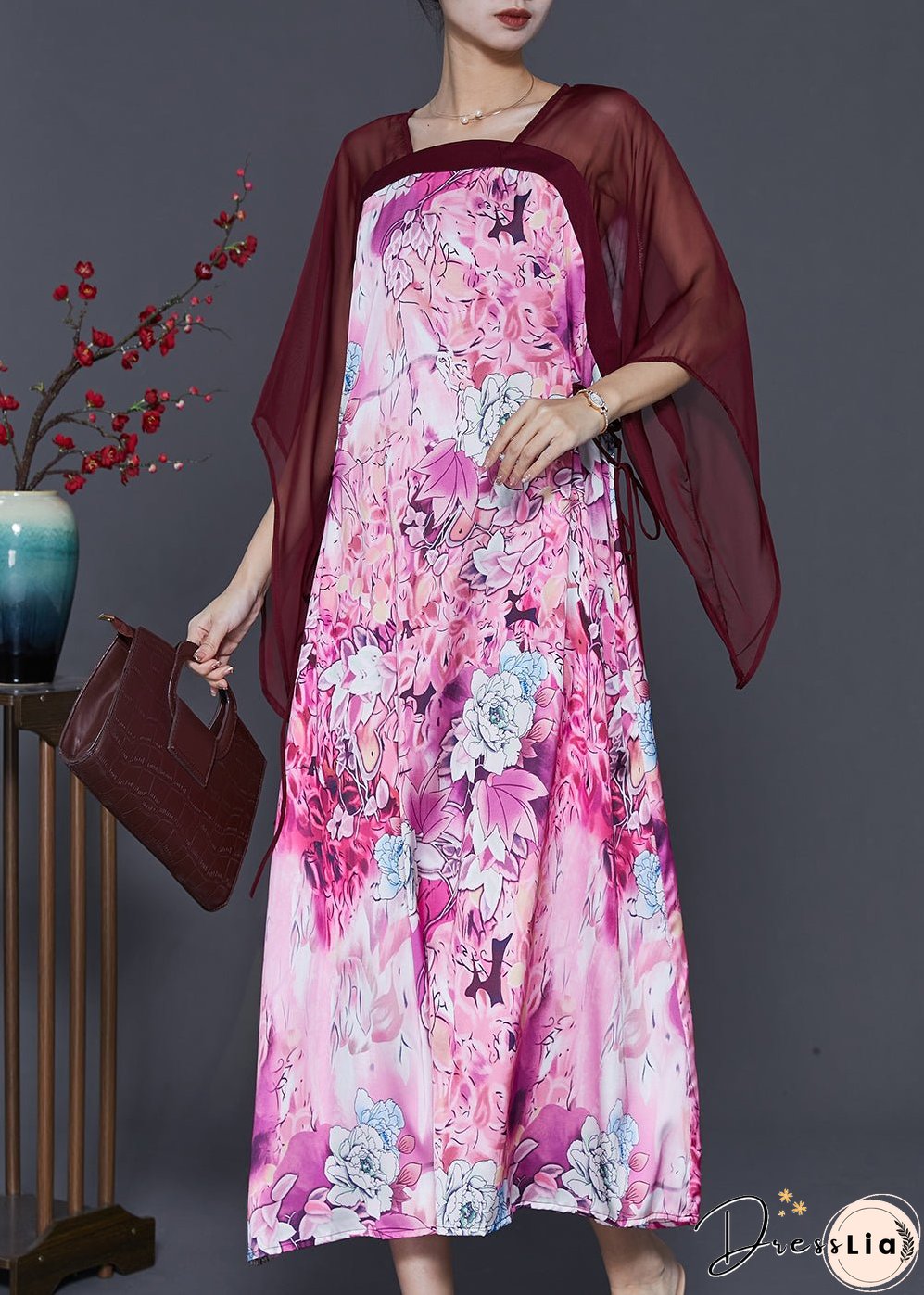 Modern Purple Square Collar Patchwork Print Chiffon Dresses Summer