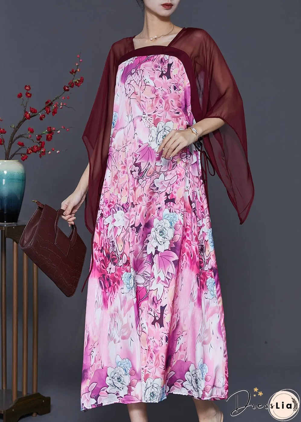 Modern Purple Square Collar Patchwork Print Chiffon Dresses Summer