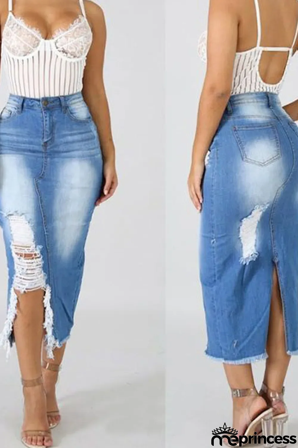 Blue Denim Sexy Solid Hole washing Plus Size