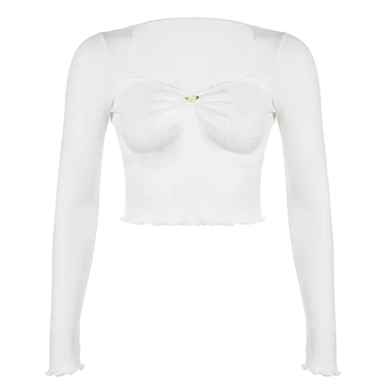 Ueong French Pure Desire Square Collar Flower Pleated Blouse Women's Autumn Sweet And Spicy Navel Short Slim Long-Sleeved T-Shirt