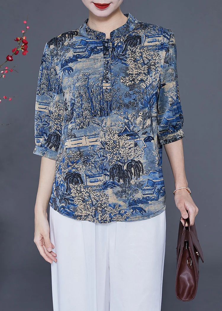 Women Blue Stand Collar Print Silk Shirt Tops Half Sleeve