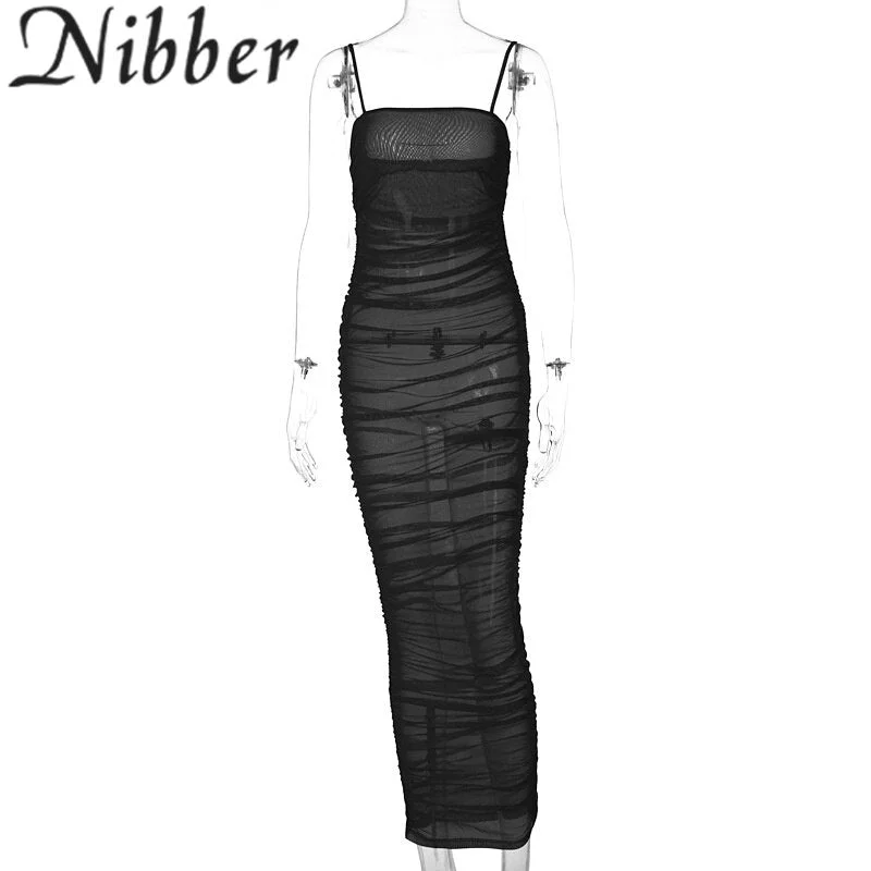 Nibber Mesh Transparent Ruched Sexy Y2k Maxi Dress Women Fashion Spaghetti Strap Backless Party Clubwear 2021 Summer Cothing