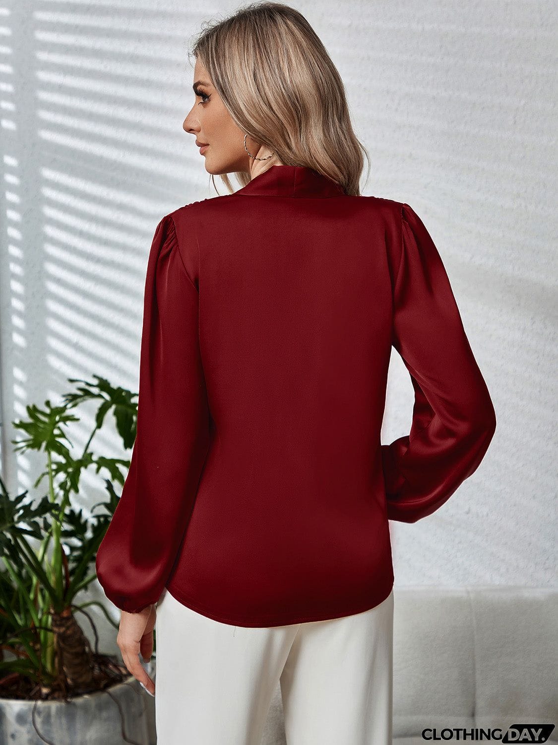 Tie Neck Long Puff Sleeve Blouse