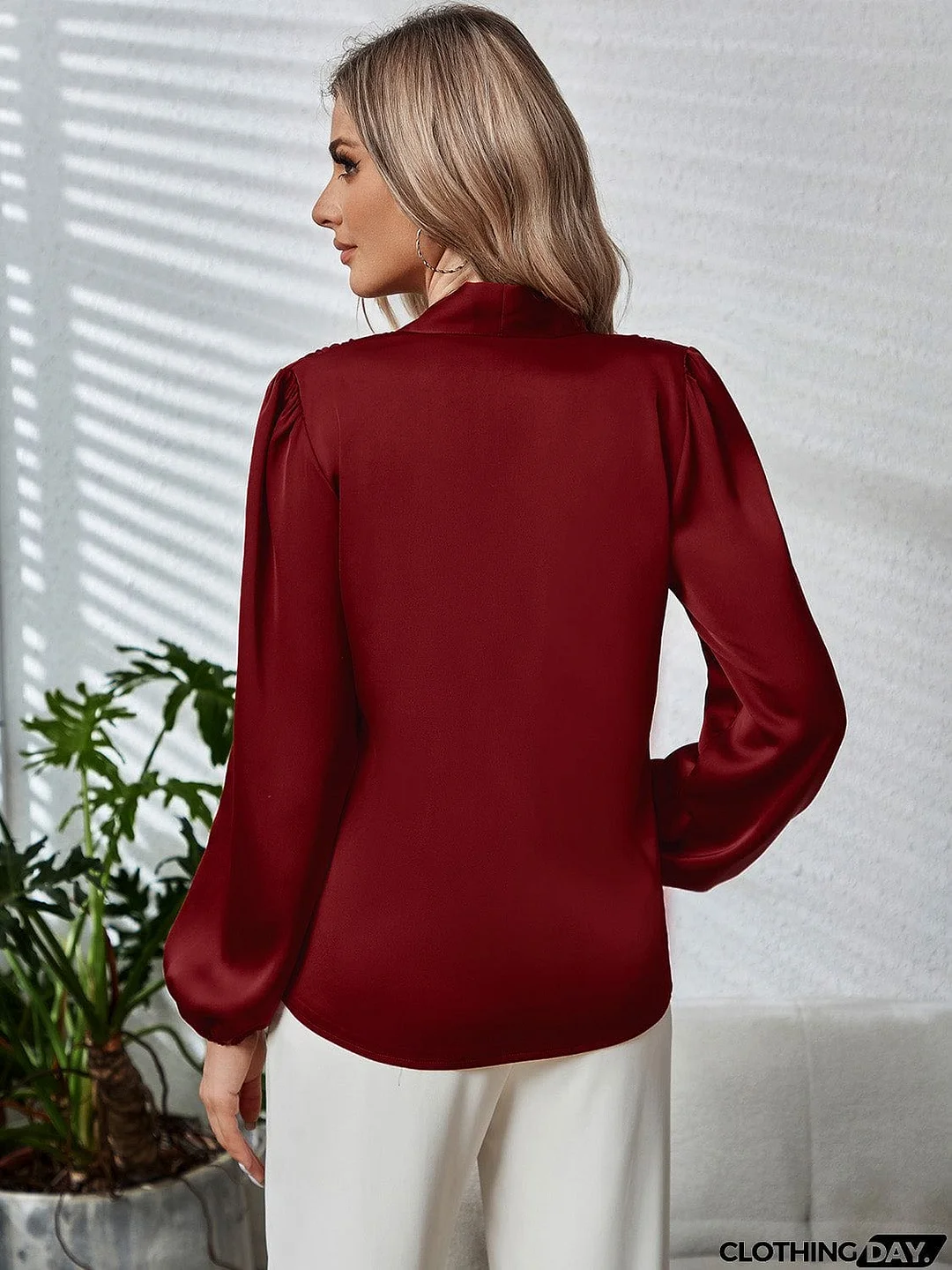 Tie Neck Long Puff Sleeve Blouse