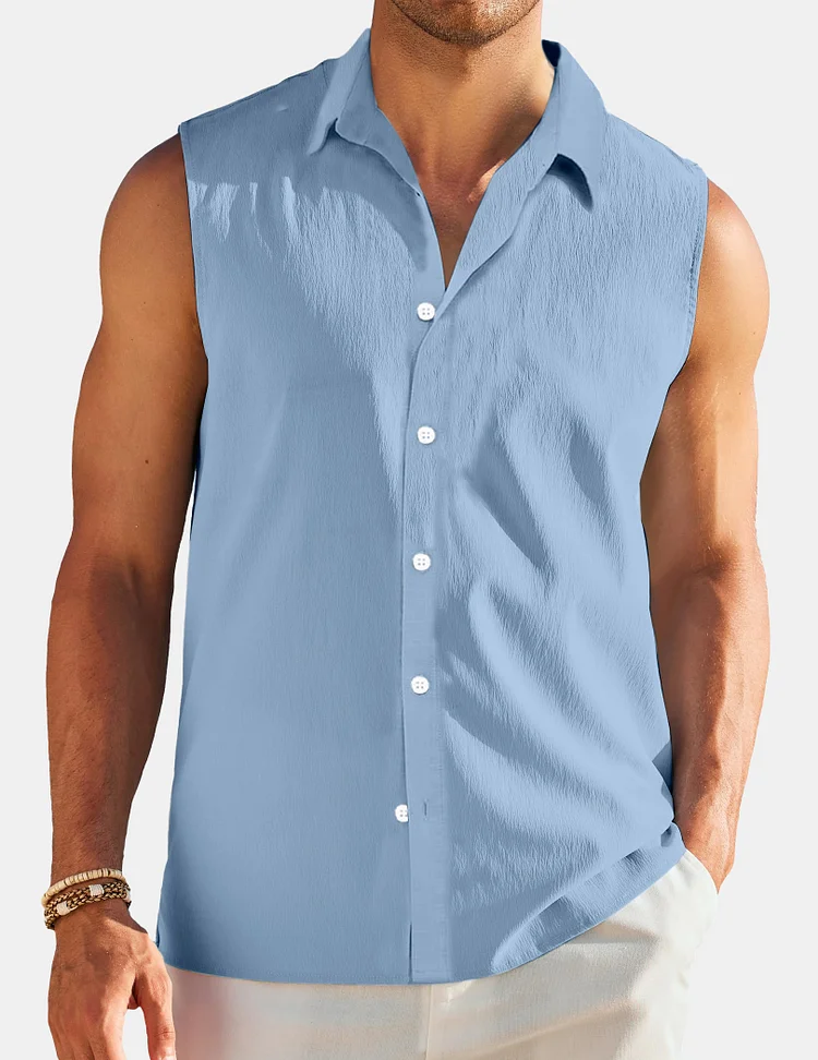 Men's Summer Puff Wrinkle Everyday Solid Color Sleeveless Shirt