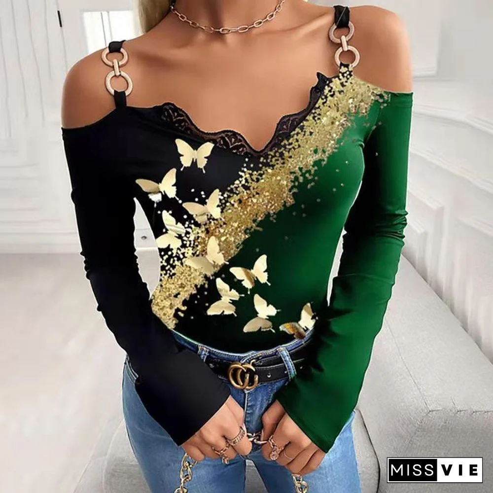 Off Shoulder Hot Stamping Butterfly Top