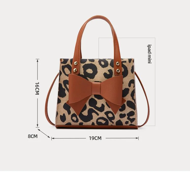 Women's Bag Bow Stitching Contrast Portable Simple Leopard Print Single Shoulder Diagonal Small Square Bag