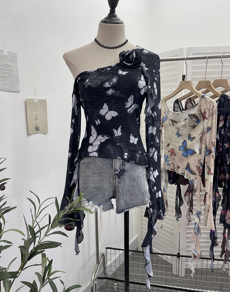 Uveng Tie Dyed Elastic Mesh Oblique Shoulder Irregular Horn Long-Sleeved T-Shirt Flower Short Floated Female 9932