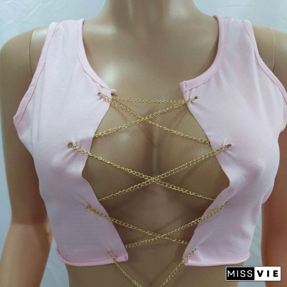 Red Black White Metal Chain Sleeveless Crop Top Sexy Clubwear Women Adjustable Lace Up Hollow Out Tank Tops Tees Camisole
