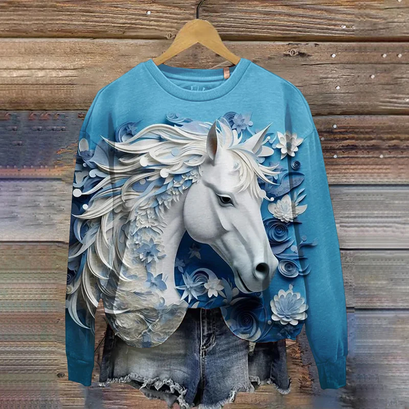Art Horse Print Crew Neck Sweatshirt