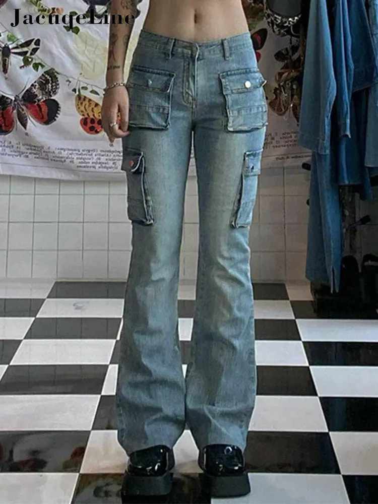 Jacuqeline 2022 Flare Flares Y2K Cargo Pants Women Vintage Low Rise Jeans Fairy Grunge Korean Fashion Baggy Trousers Streetwear