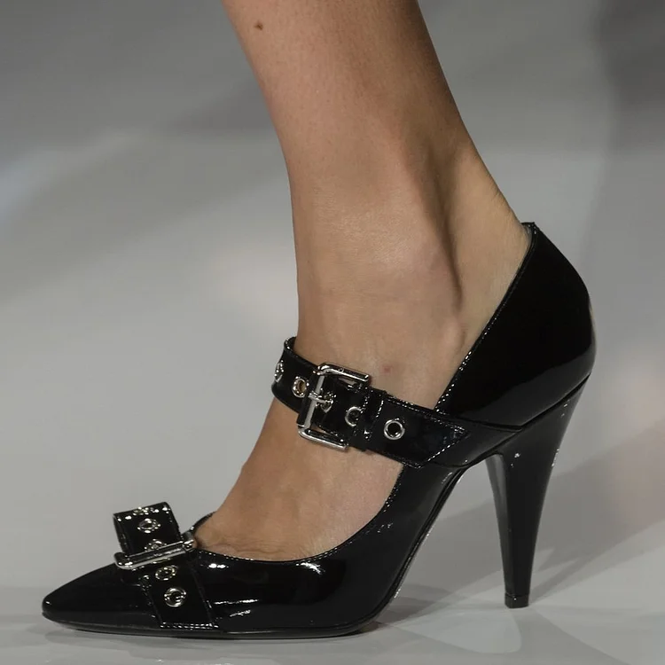 Black Patent Leather Cone Heels Buckle Mary Jane Pumps |FSJ Shoes
