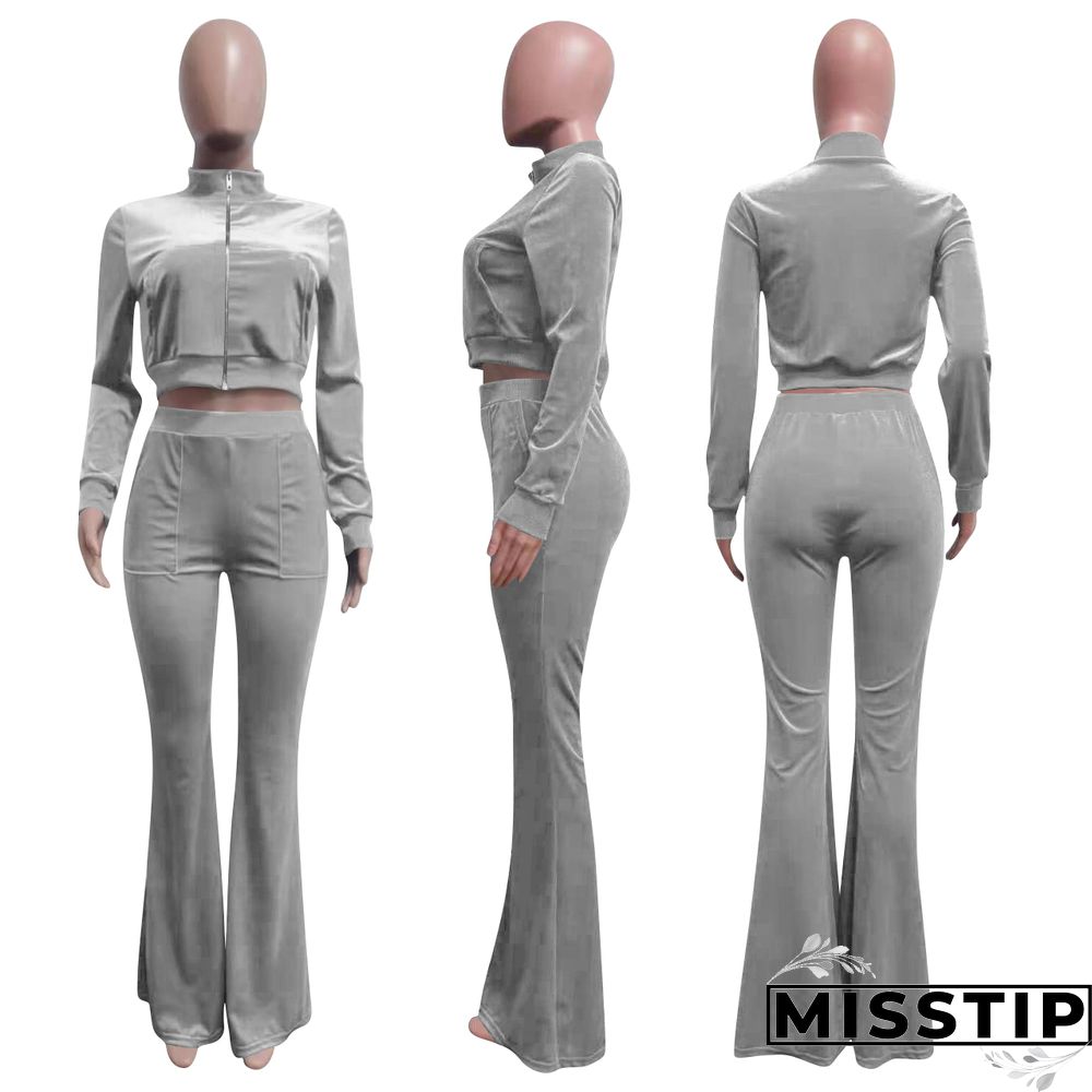 Velvet Solid Zip Jacket Crop Top Flared Pants Set