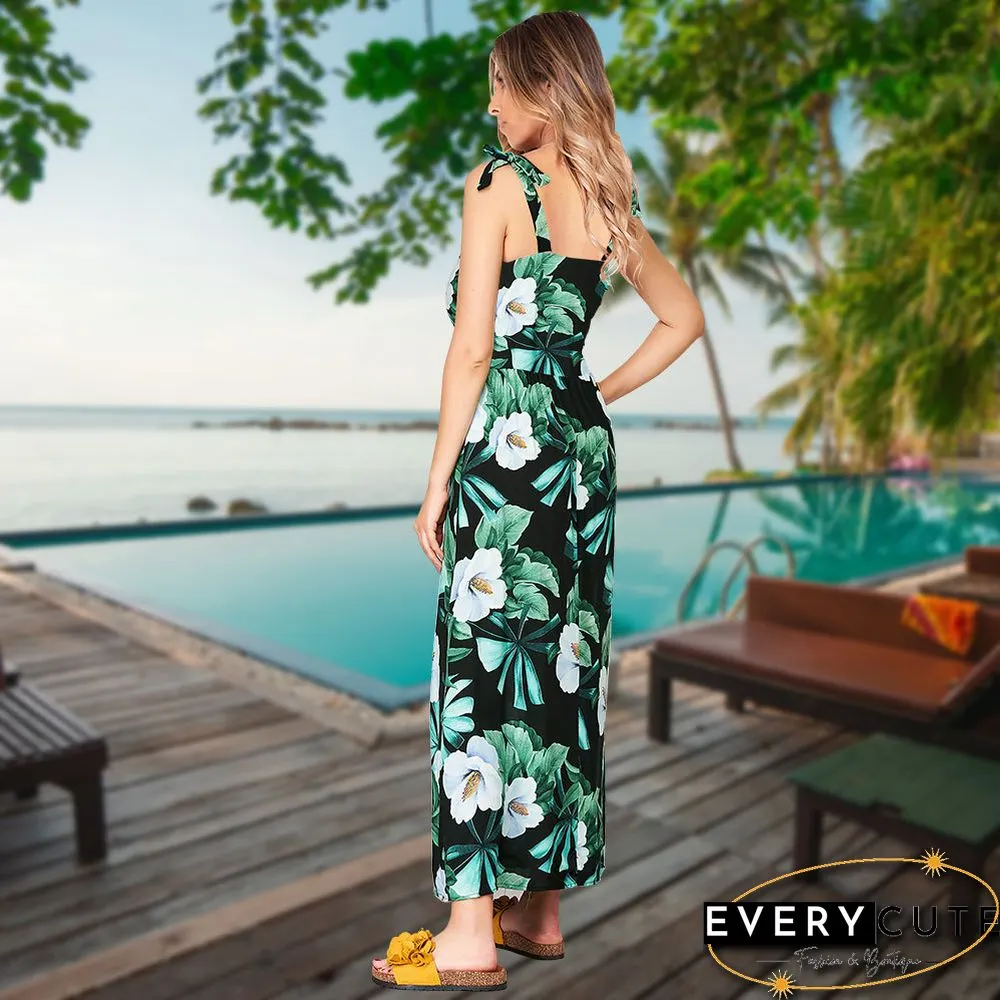 Adjustable Spaghetti Strap Floral V Neck Maxi Dress