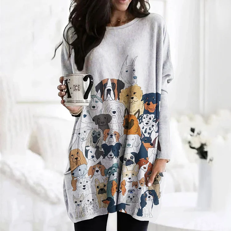 Wearshes Dog Print Crew Neck Long Sleeve Pocket Casual Tunic