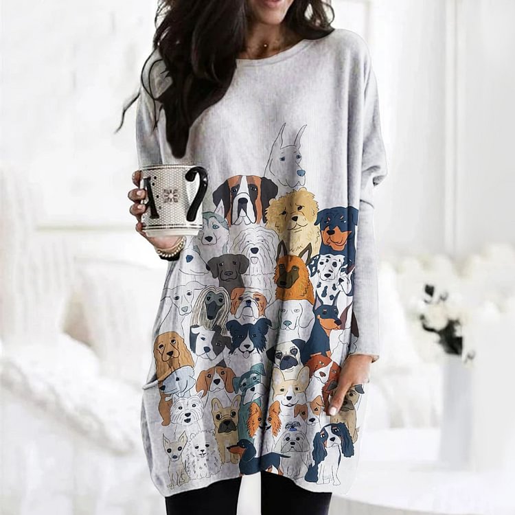Vefave Dog Print Crew Neck Long Sleeve Pocket Casual Tunic