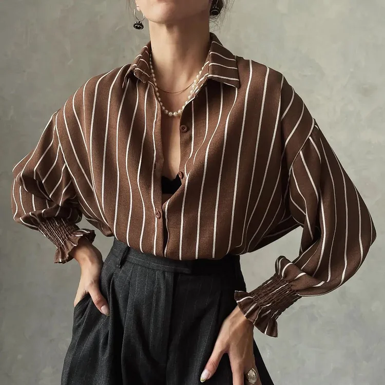 Vintage Classic Elegant Brown Striped  Long Sleeve Shirt