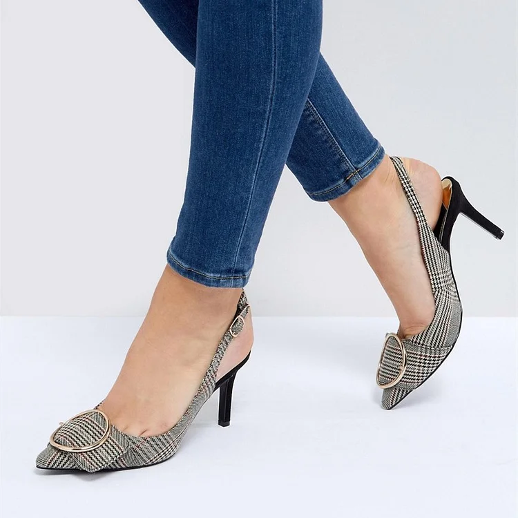Black and White Heels Pointy Toe Hounds-tooth Slingback Pumps |FSJ Shoes