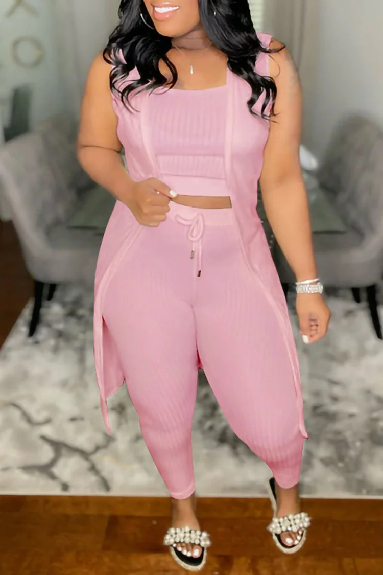 Pink Casual Solid Patchwork U Neck Sleeveless Two Pieces