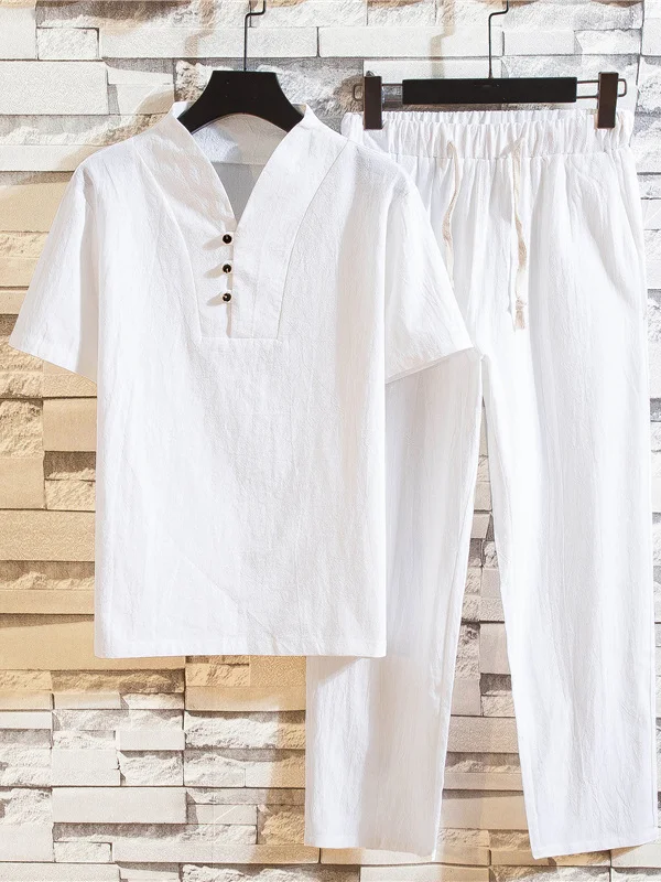 Men's Casual Linen Half Button Shirt Elastic Drawstring Waist Pants Matching Set