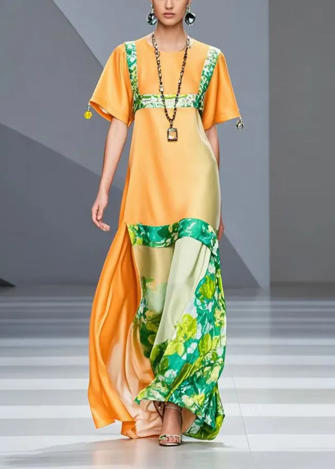 Chic Orange Print Silm Fit Silk Robe Dresses Summer