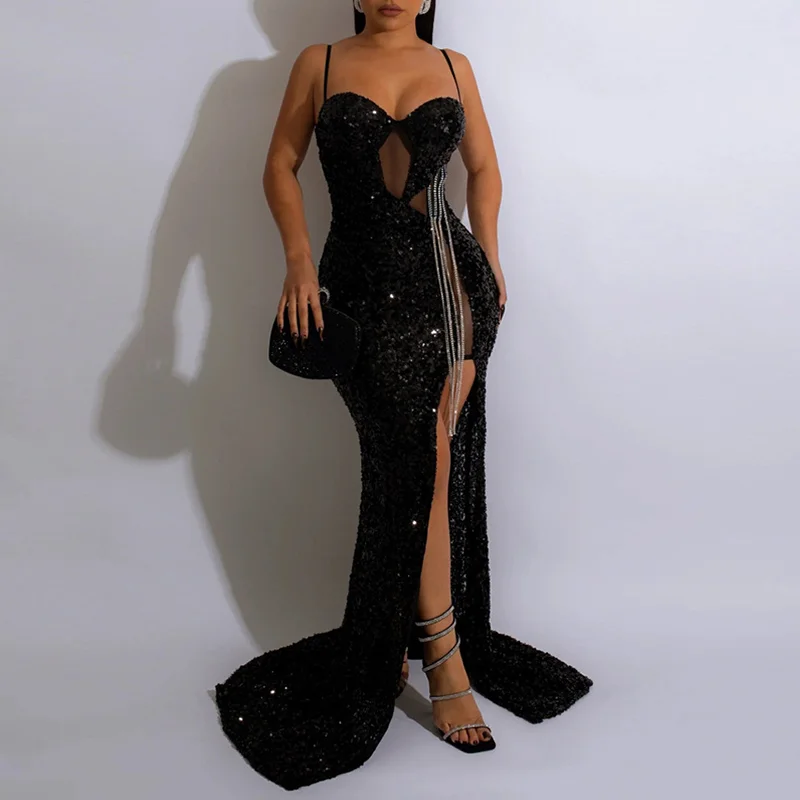 Sequins Sheer Mesh Tassel Split Sling Party Dress