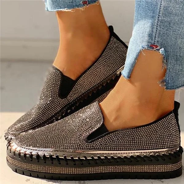 HUXM Women Casual Fashion Rhinestone Slip-on Loafers/ Sneakers