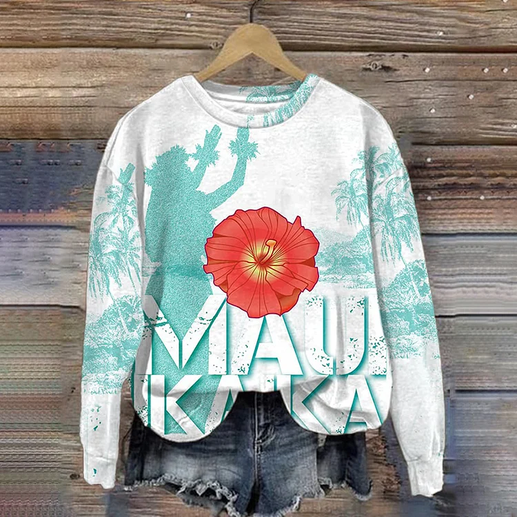 Comstylish Strong Maui Print Round Neck Long Sleeve Sweatshirt