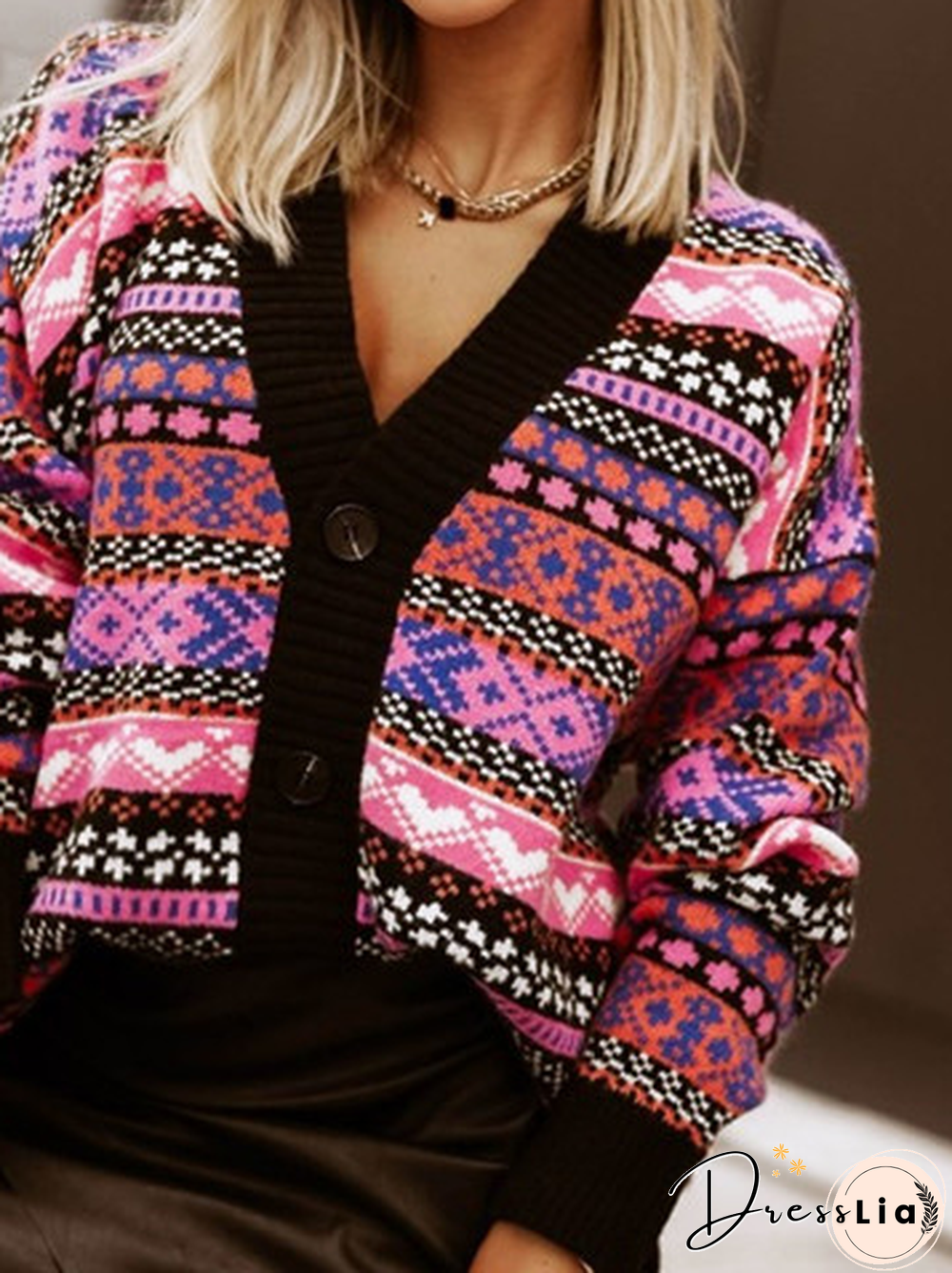 Casual Wool/Knitting Geometric Jacquard V Neck Sweater Coat