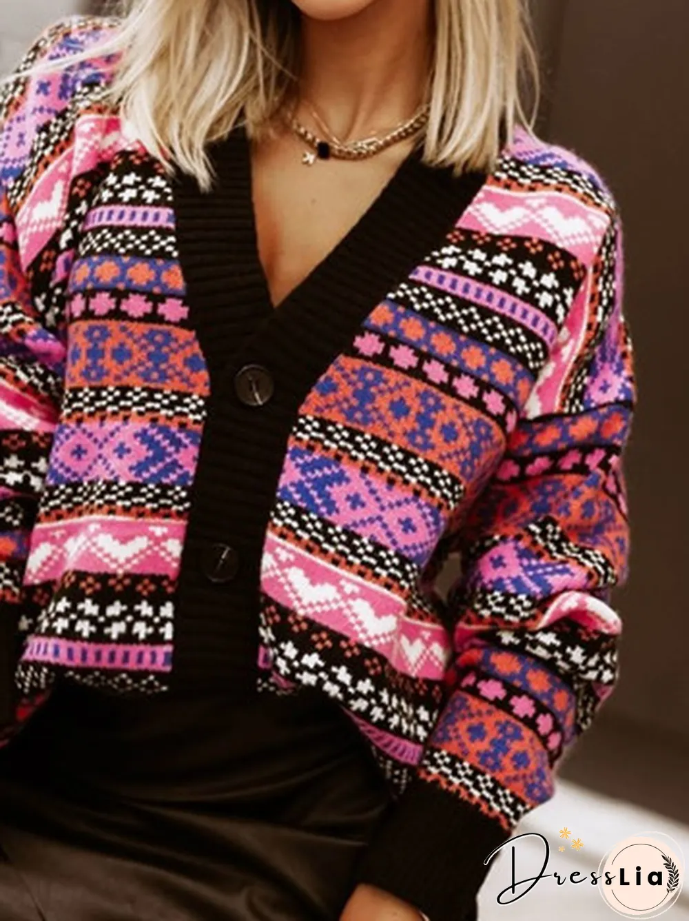 Casual Wool/Knitting Geometric Jacquard V Neck Sweater Coat