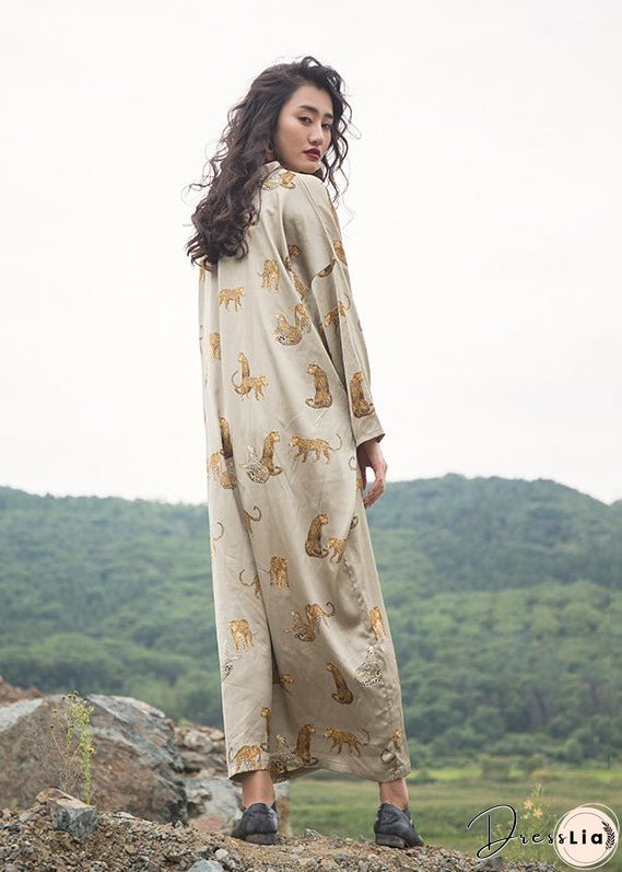 Italian Apricot V Neck Animal Print Silk Robe Dresses Fall