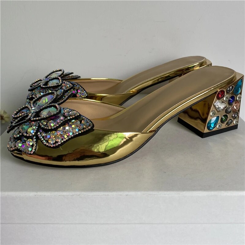 VCSHOES Iridescent Rhinestone Butterfly-Flower Sandals Women Diamond Med Square Heel Slingbacks Mules