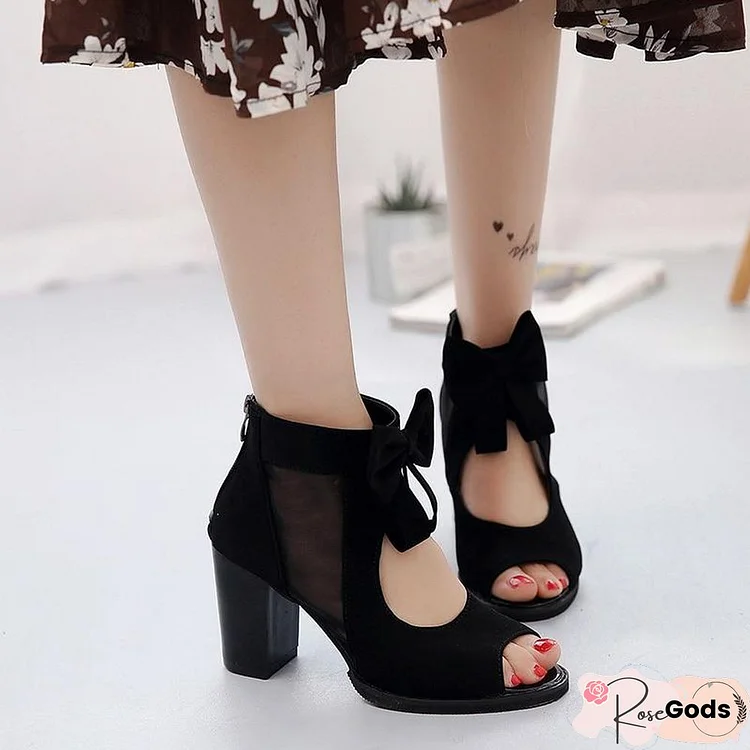 Women Square High Heel Sandals Sexy Peep Toe Bowtie Thick Mesh Sandal Shoes