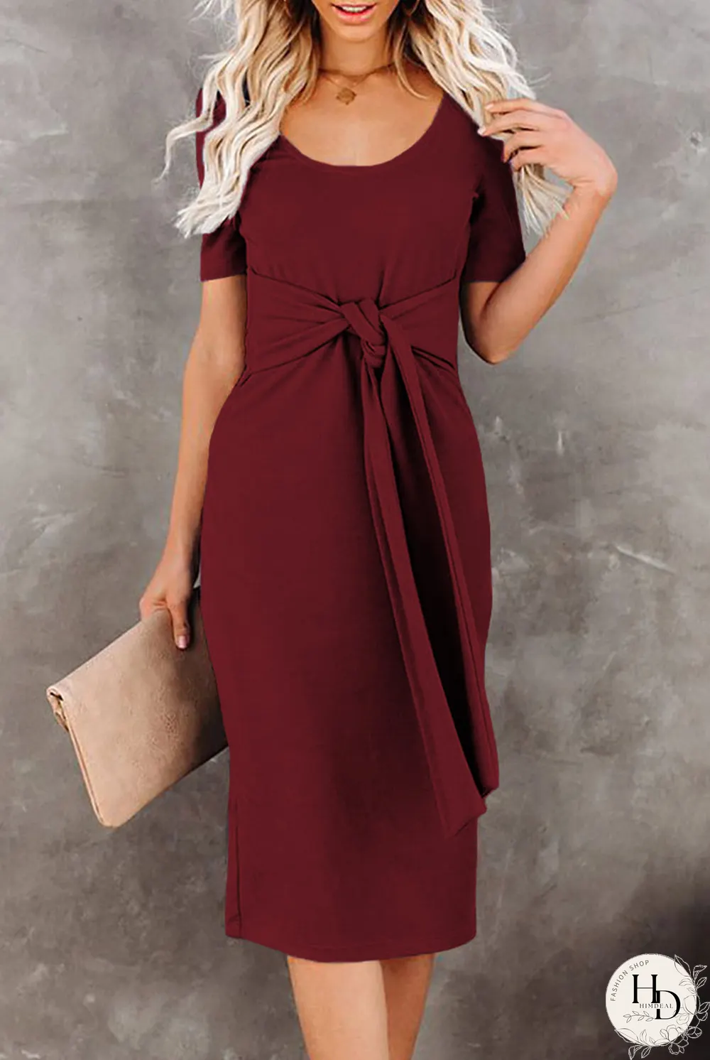 Fashion Solid Bandage U Neck Pencil Skirt Dresses(5 Colors)