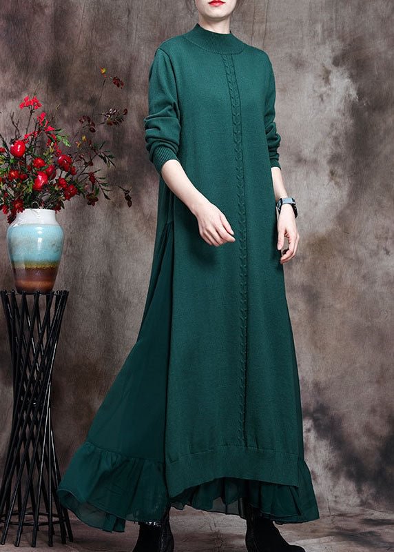 Elegant Green Stand Collar asymmetrical design Fall Knit Sweater Dress CK1407- Fabulory