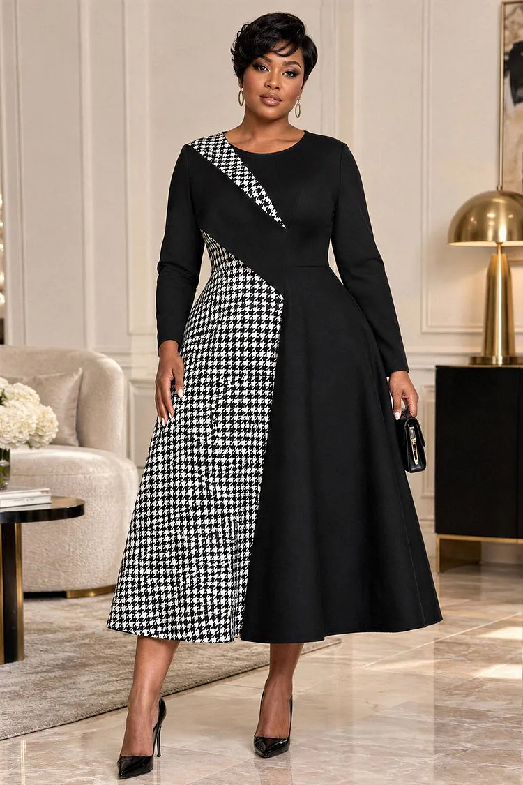 Xpluswear Design Plus Size Churchs Black Houndstooth Round Neck Long Sleeve Pocket Midi Dresses [Pre-Order] 2024 - Xpluswear