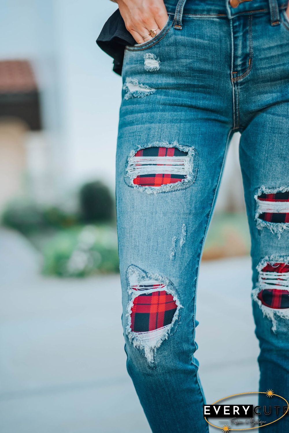 Red Plaid Patch Destroyed Skinny Jeans