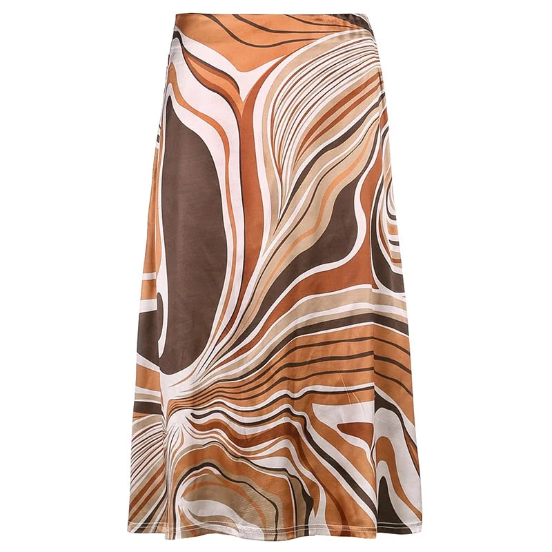 HEYounGIRL Casual Printed  Midi Skirt Women Brown A Line High Waist Elegant Skirts Ladies Summer Vintage Fashion Streetwear