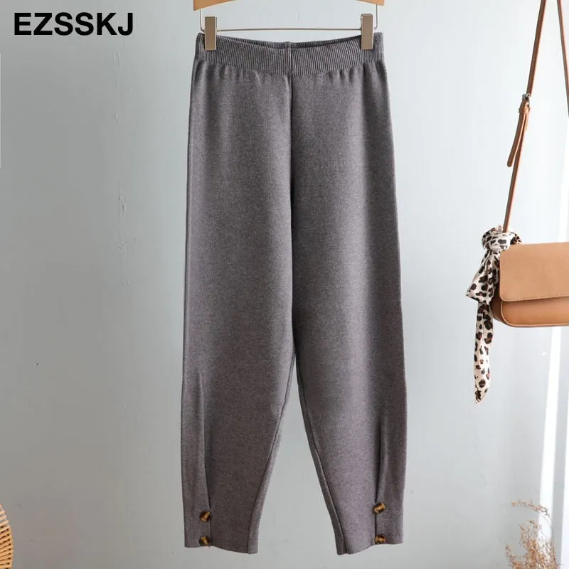 Women Elastic Waist  BUTTON Trousers Thick Knitted Harem Pants Autumn Winter Sport pants sweater Knitted Carrot pants
