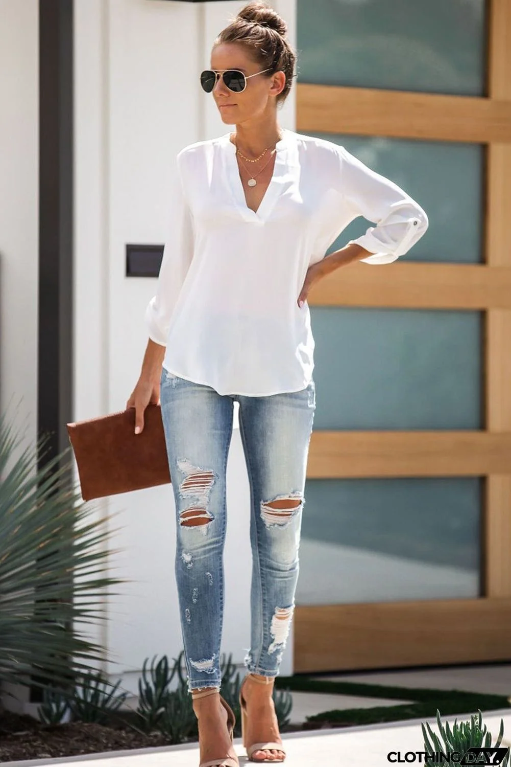 Split Collar Roll Up Sleeve Blouse