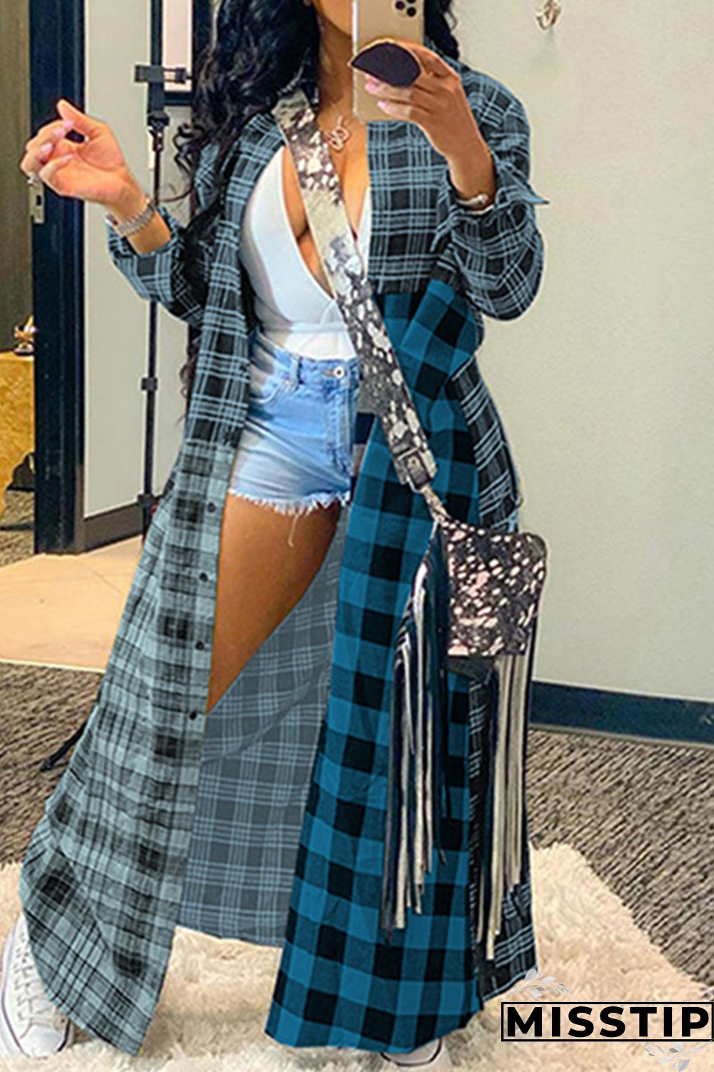 Black Gray Casual Plaid Print Cardigan Turndown Collar Outerwear