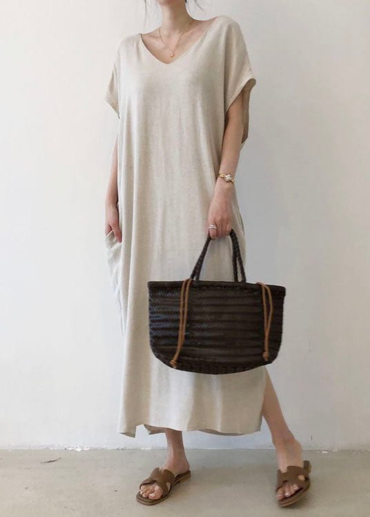 Fashion Beige V Neck Cotton Short Sleeve Long Dresses CK1448- Fabulory