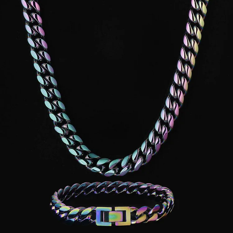 10mm Rainbow Cuban Link Bracelet and Chain Set