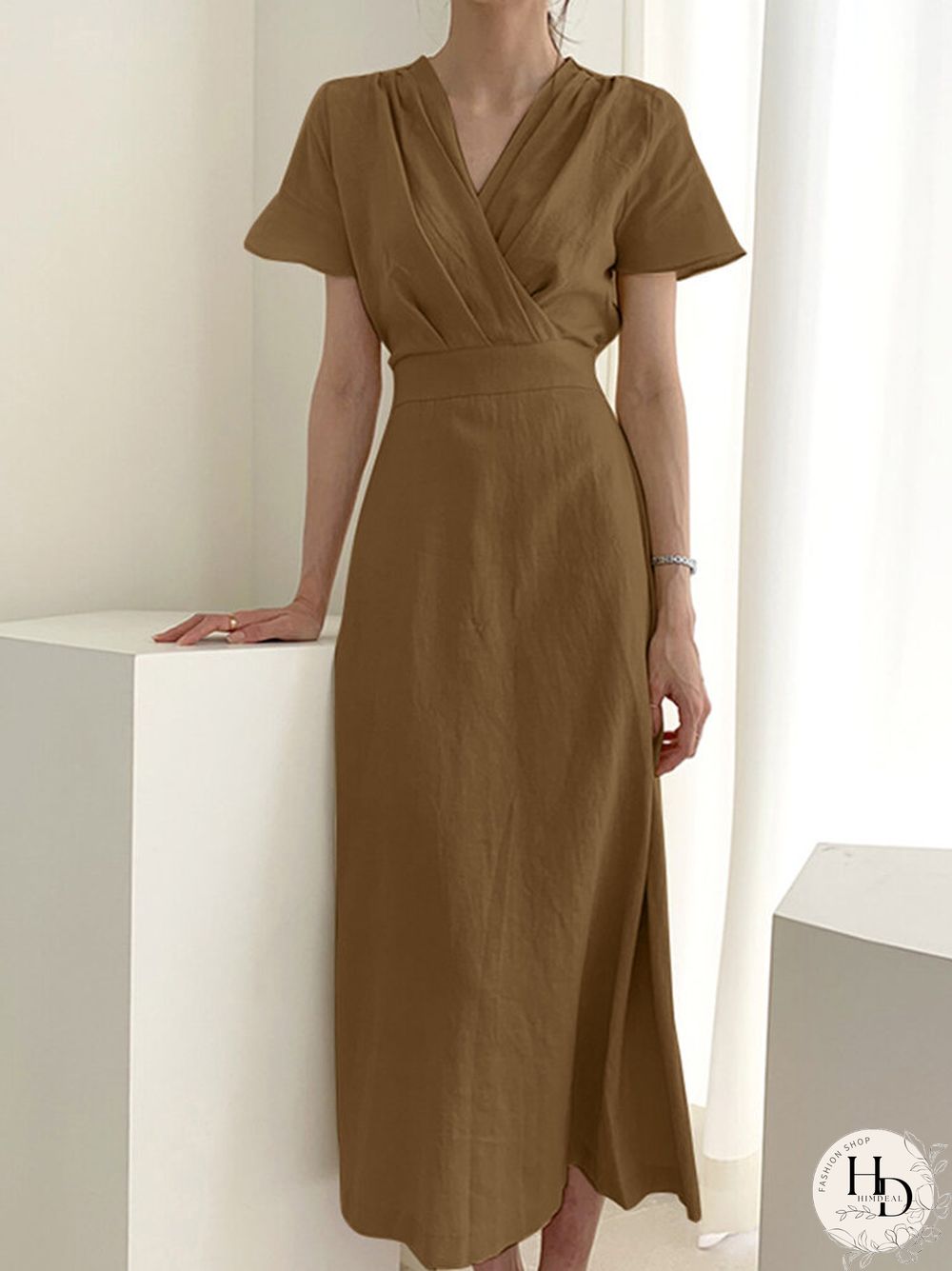 Solid Wrap V-neck Short Sleeve Casual Dress For Women
