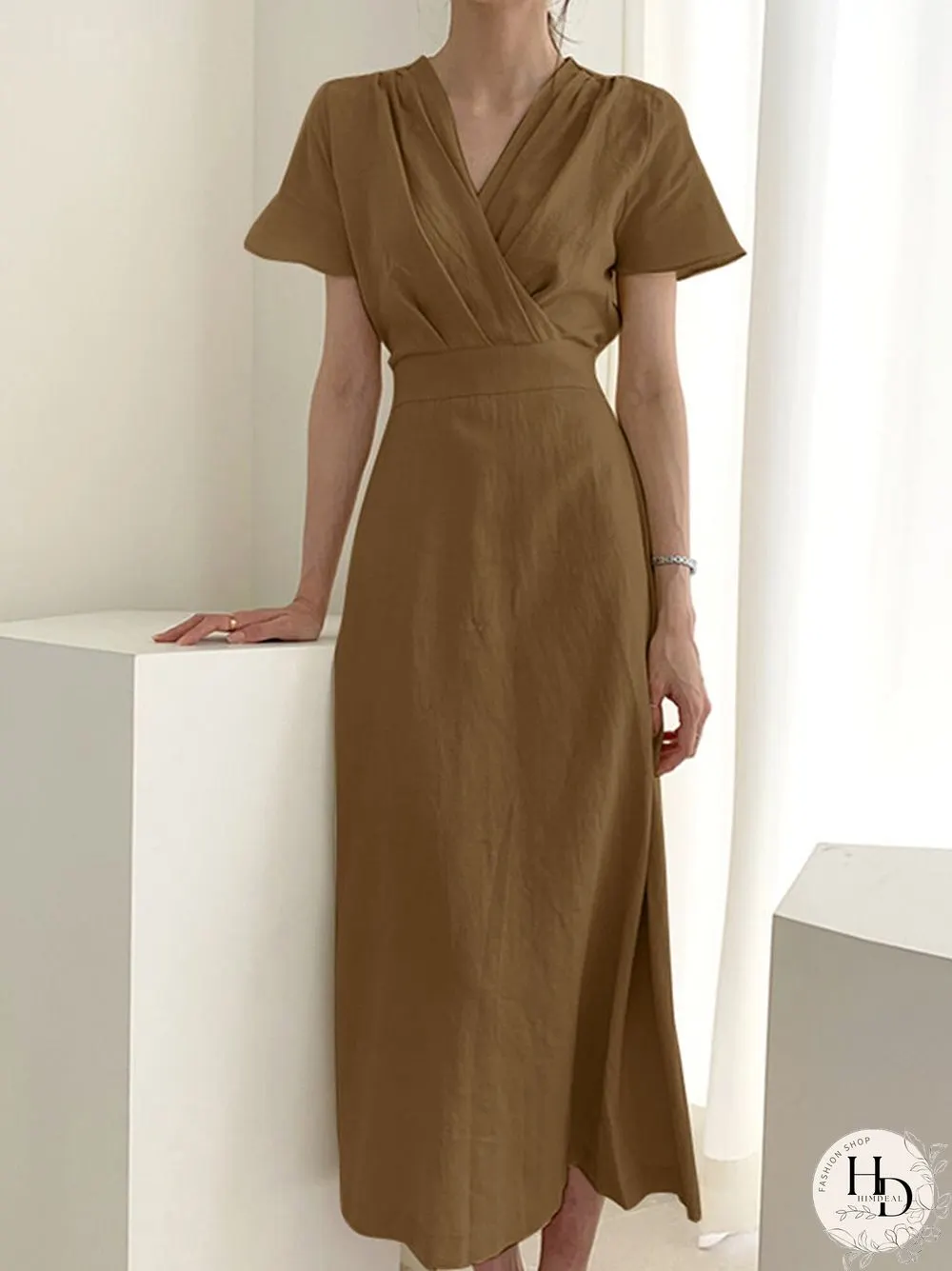 Solid Wrap V-neck Short Sleeve Casual Dress For Women